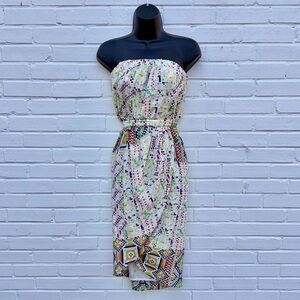 Charlie Jade Mosaic Print 100% Silk Strapless Side Tie Dress, SZ S NWT